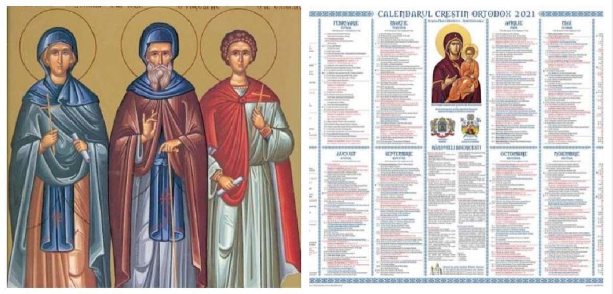 Un colaj cu Sfânta Domnica, Sfântul Gheorghe Hozevitul și Sfântul Eladie și o imagine cu calendarul ortodox.