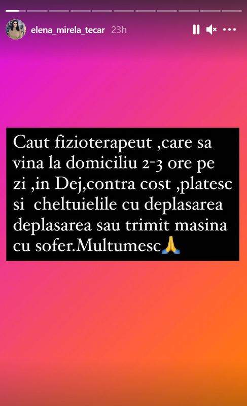 Mesajul Mirelei Banias de pe Instagram. Vedeta le-a spus fanilor că vrea să găsească un fizioterapeut.