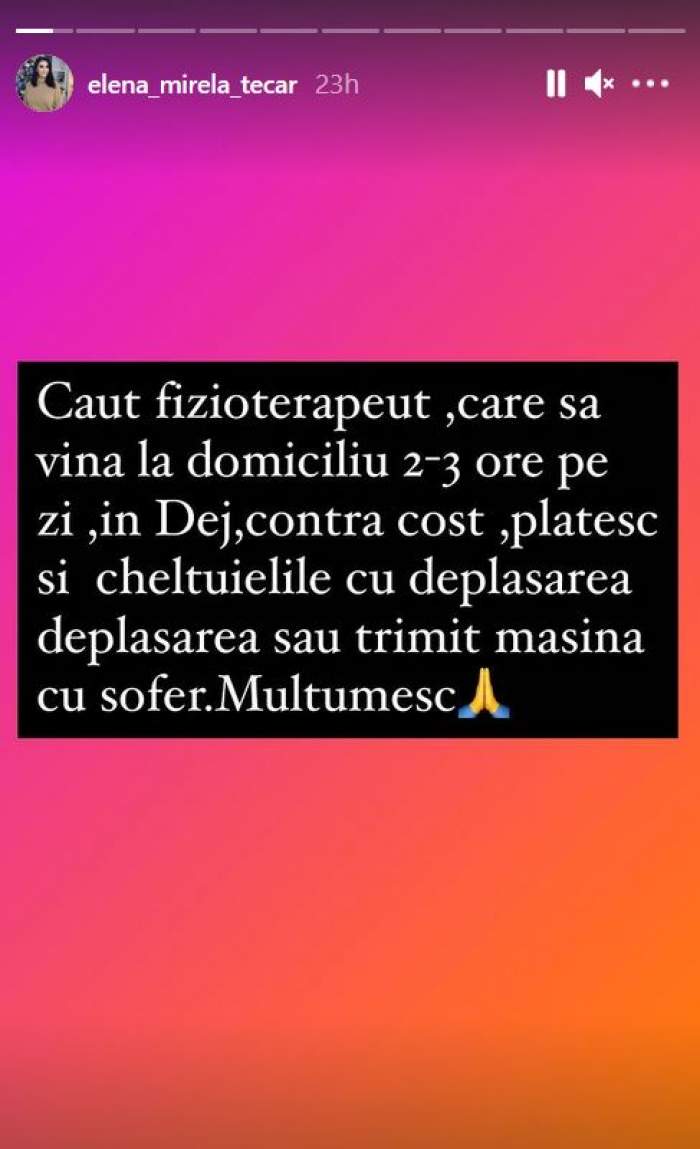 Mesajul Mirelei Banias de pe Instagram. Vedeta le-a spus fanilor că vrea să găsească un fizioterapeut.