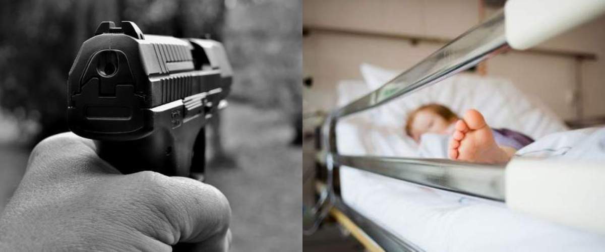 Colaj pistol și copil pe patul de spital