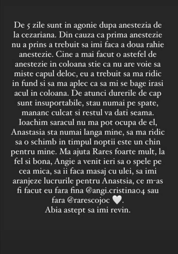 Mesajul publicat de Andreea Popescu  pe Instagram