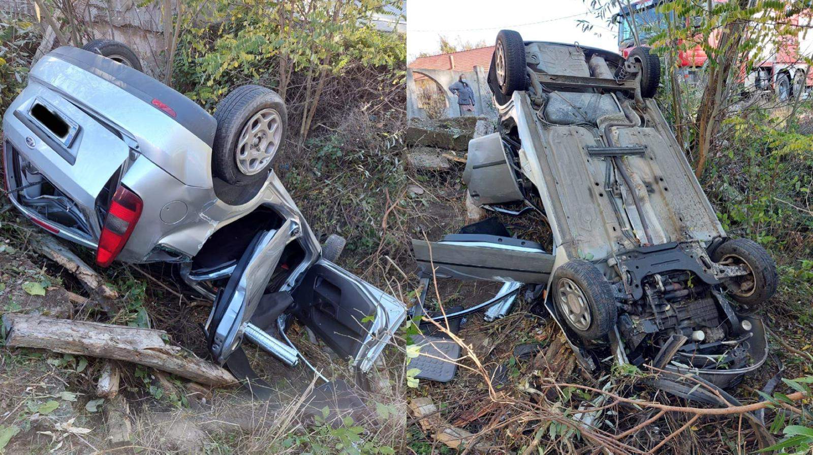 O femeie din Gorj s-a răsturnat cu mașina într-o râpă, după ce a pierdut controlul volanului / FOTO