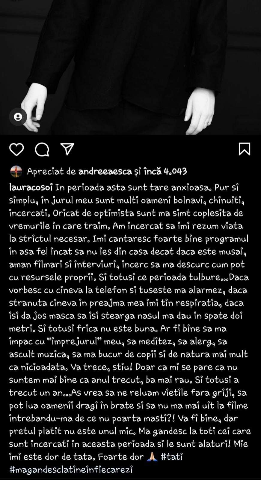 Laura Cosoi, confesiuni pe Instagram despre pierderea tatălui ei din cauza virusului Covid-19: "Aș vrea să pot lua oamenii dragi în brațe"