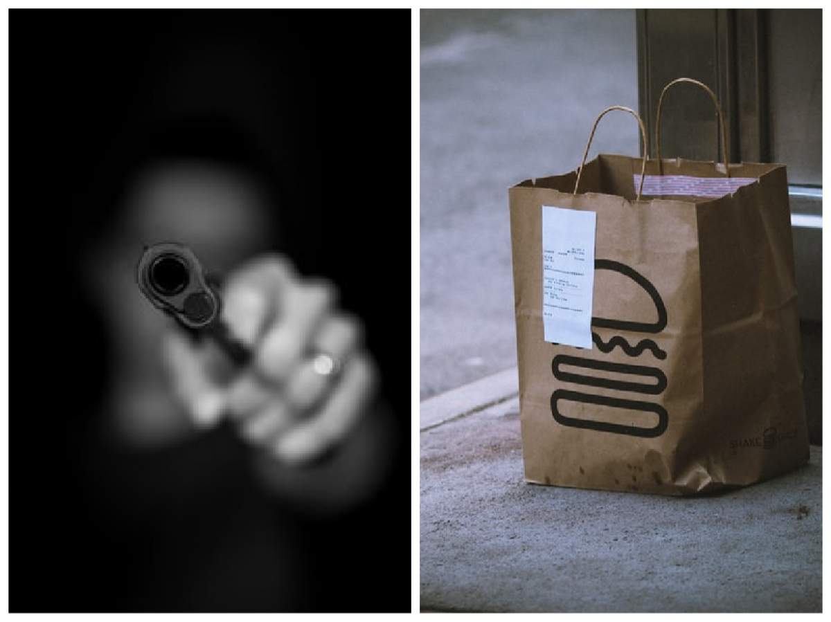 Imagine cu pistol ținut pentru a împușca și o pungă cu mâncare
