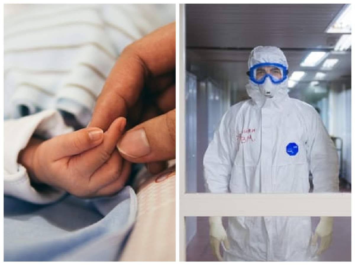 mânuța unui bebeluș și un cadru medical în secție COVID