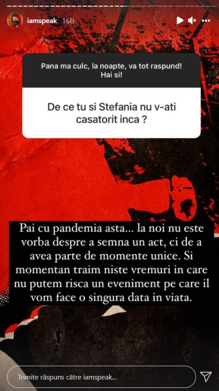 De ce nu se căsătorește Speak cu Ștefania. Artistul le-a răspuns fanilor lui: „Nu este vorba despre a semna un act”