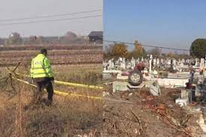 Colaj foto cu poliția și cimitirul unde a fost găsită fata decedată
