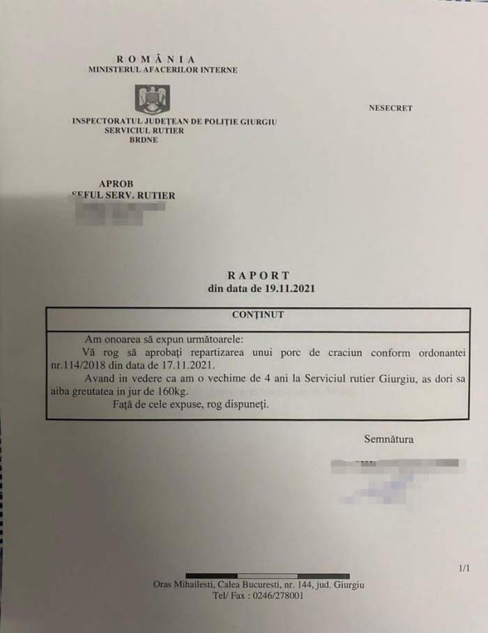 Un polițist din cadrul IPJ Giurgiu i-a cerut comandantului un porc de 160 de kilograme. Agentul riscă să fie sancționat în urma farsei