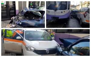Un accident grav s-a petrecut în Timișoara. Șoferul unui autoturism a pierdut controlul volanului ciocnindu-se de o mașină și un tramvai