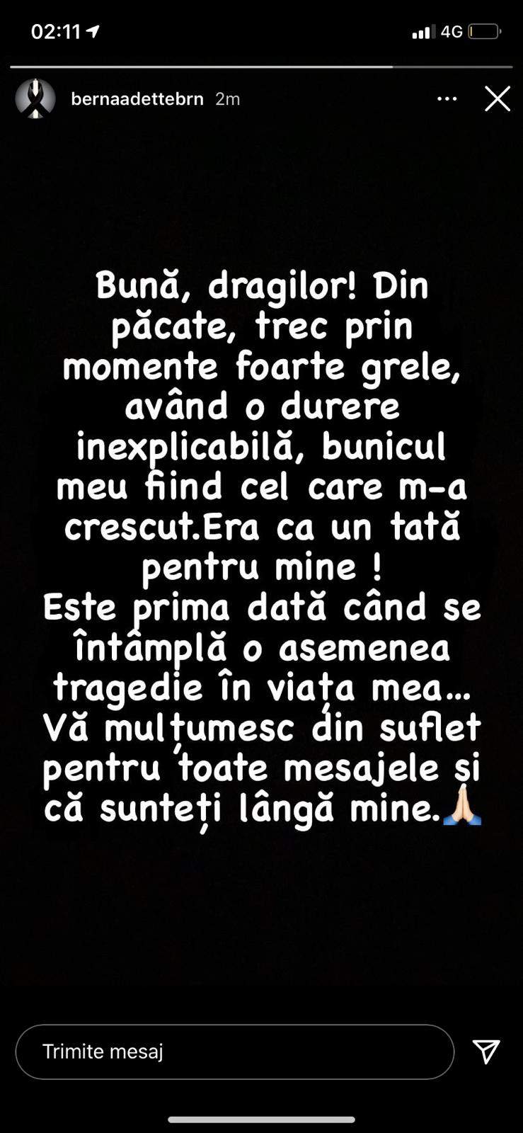 Bernadette, sfâșiată de durere după moartea bunicului ei. Ce mesaj emoționant a transmis blondina: ''Era ca un tată pentru mine!” / FOTO