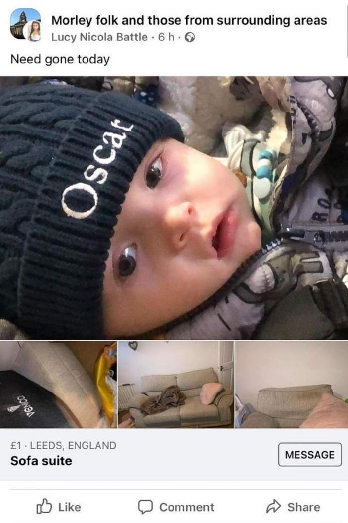 O mamă și-a pus bebelușul de șapte luni la vânzare pe Internet. Femeia intenționa, de fapt, să își vândă canapeaua: ”Trebuie să dispară azi!” / FOTO