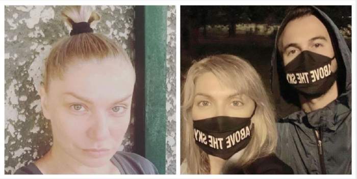 Un colaj cu Cristina Cioran și iubitul ei. În prima poză artista își face un selfie, iar în a doua se află afară cu partenerul ei și poartă mască de protecție negre.