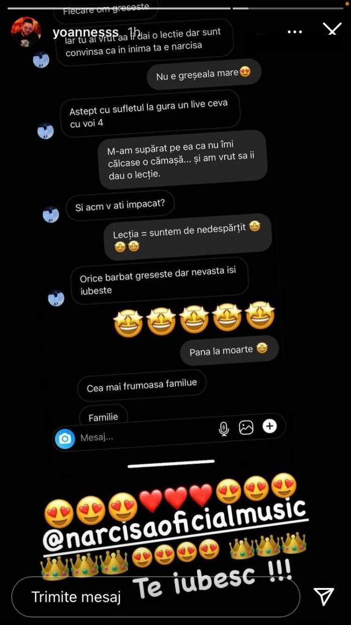 Mesajul postat de Yoannes la InstaStory