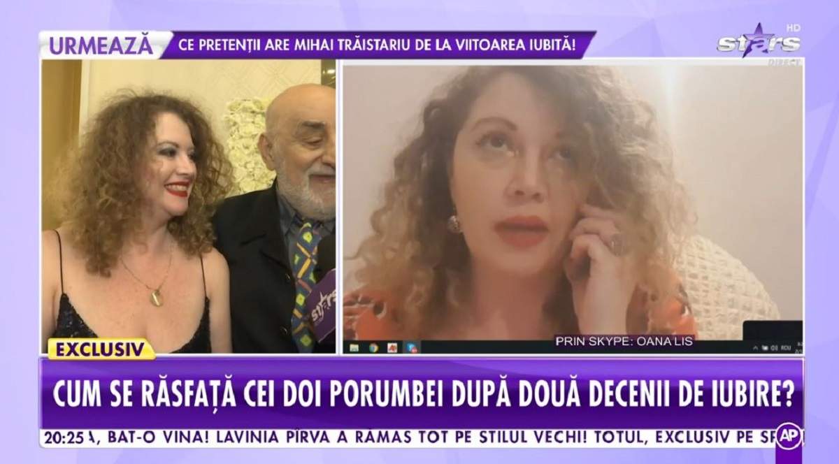 Un colaj cu Oana și Viorel Lis. În prima imagine cei doi dau un interviu pentru Antena Stars și sunt îmbrăcați elegant, în rochie și costum negru, iar în cealaltă Oana Lis vorbește la telefon, prin skype, la showbiz report.