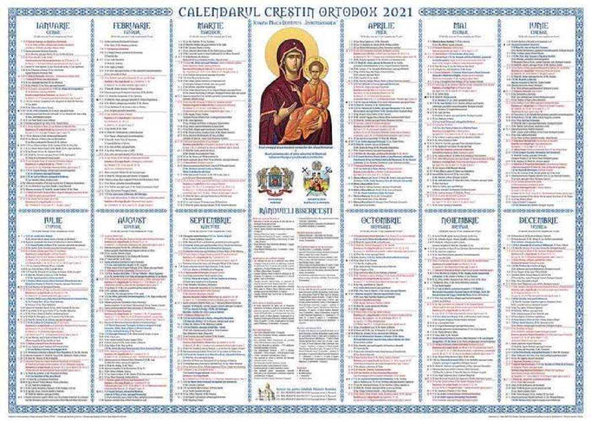 Calendarul ortodox. În mijloc este o imagine cu Maica Domnului și Iisus Hristos.