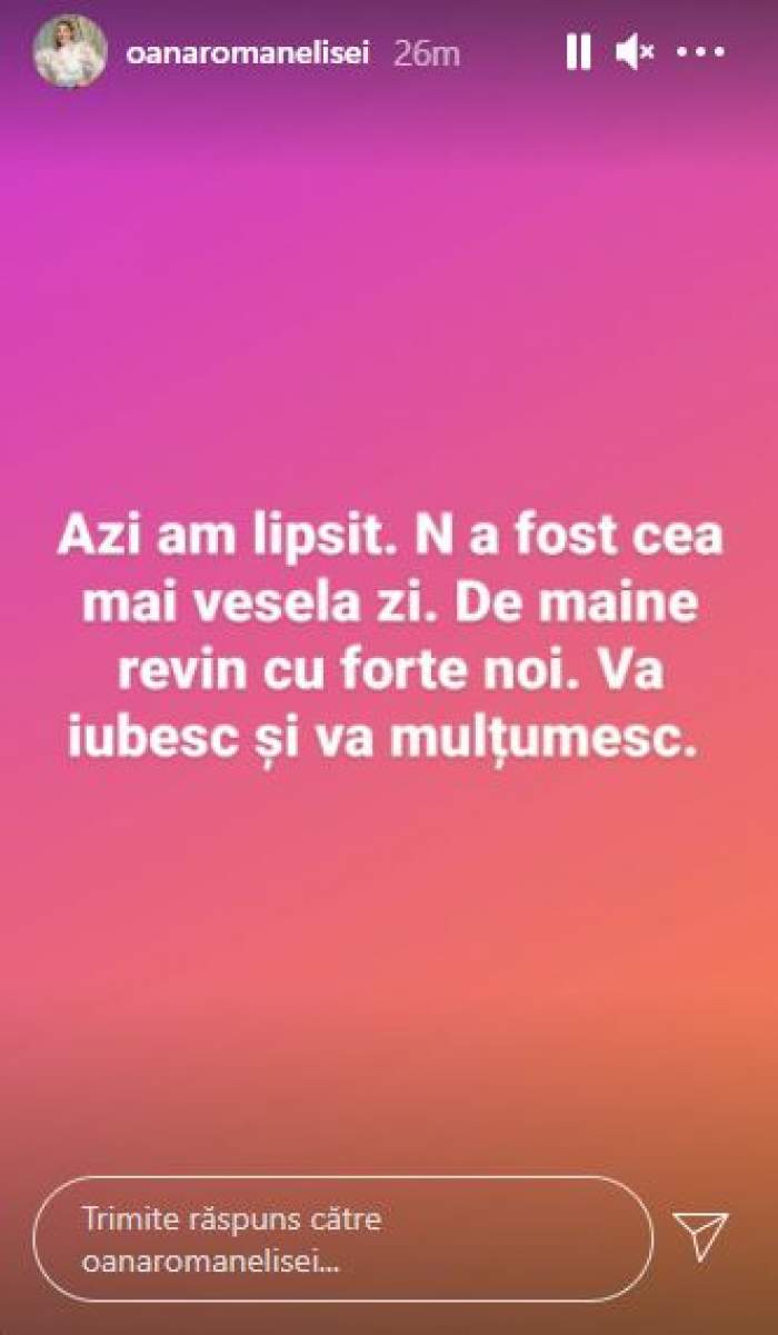 Captură cu mesajul postat de Oana Roman pe Instagram.