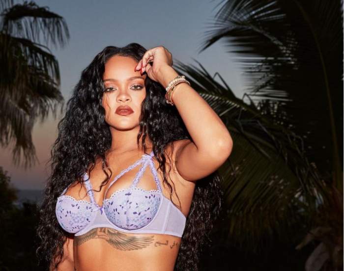 Rihanna este intr-o gradina, noaptea, poarta un sutien mov, stralucitor
