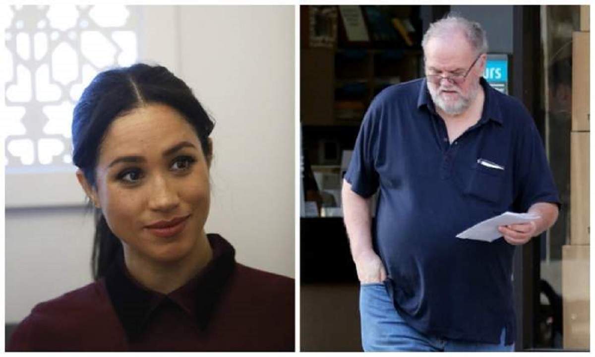 Un colaj cu Meghan Markle și tatăl ei, Thomas. Ea poartă o bluză vișinie, iar el blugi și un tricou albastru.