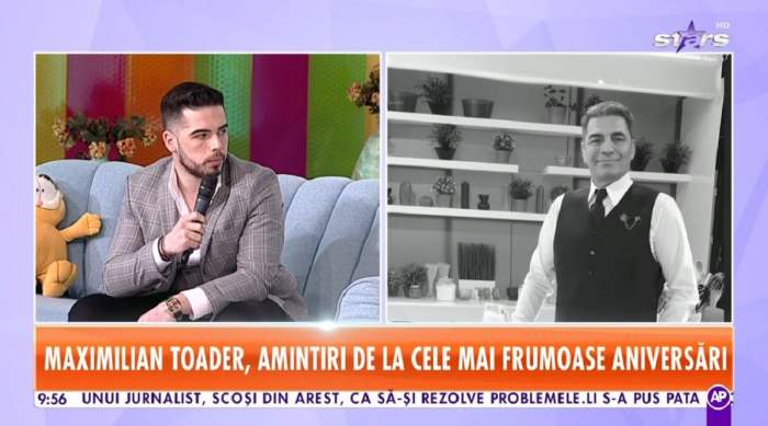 Maximilian Toader se afla pe canapeaua gri de la Star Matinal. Tânărul poartă o cămașă albă și sacou gri. Lângă el este o imagine alb negru cu tatăl lui, Marcel Toader.