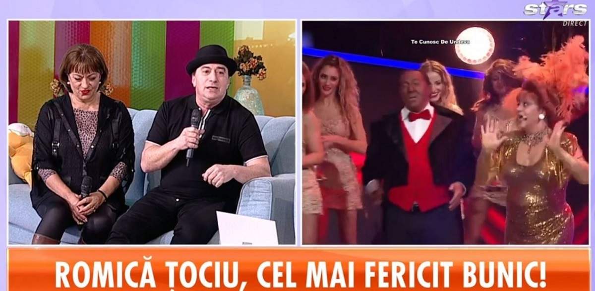 Romică Țociu și Adriana Trandafir se află pe canapeaua gri de la Star Matinal. El poartă pălărie și tricou negru, iar ea o bluză cu animal print și o alta neagră descheiată pe deasupra. În dreapta e o imagine cu ei de la Te cunosc de undeva.