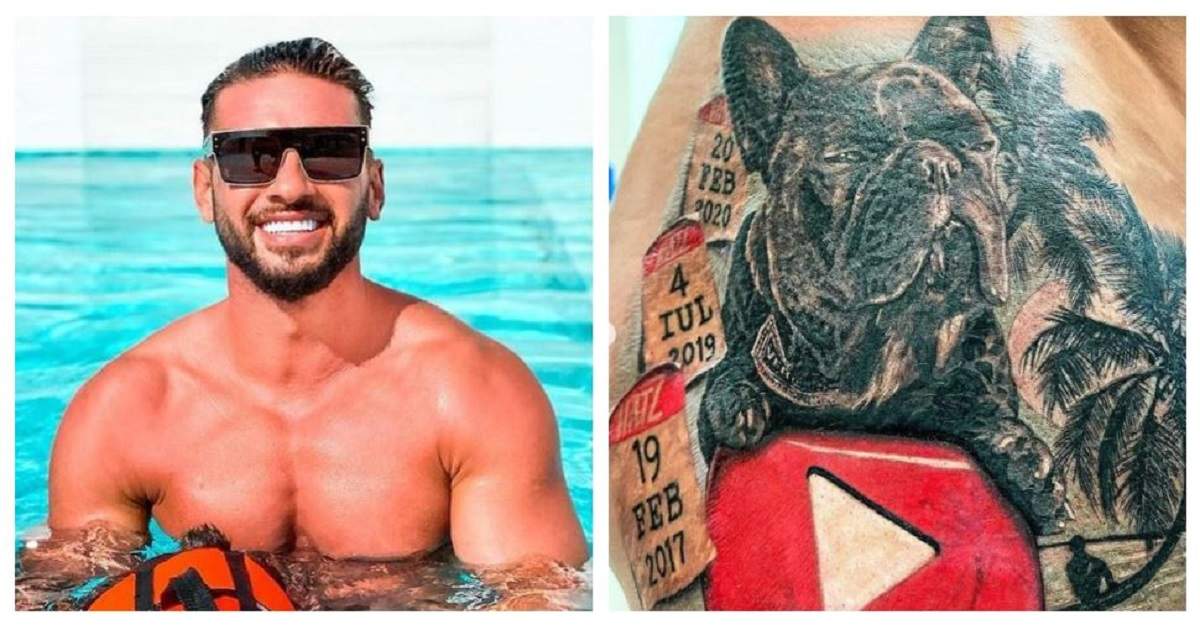 Un colaj cu Dorian Popa și tatuajul său. Artistul se află în piscină și poartă ochelari de soare.