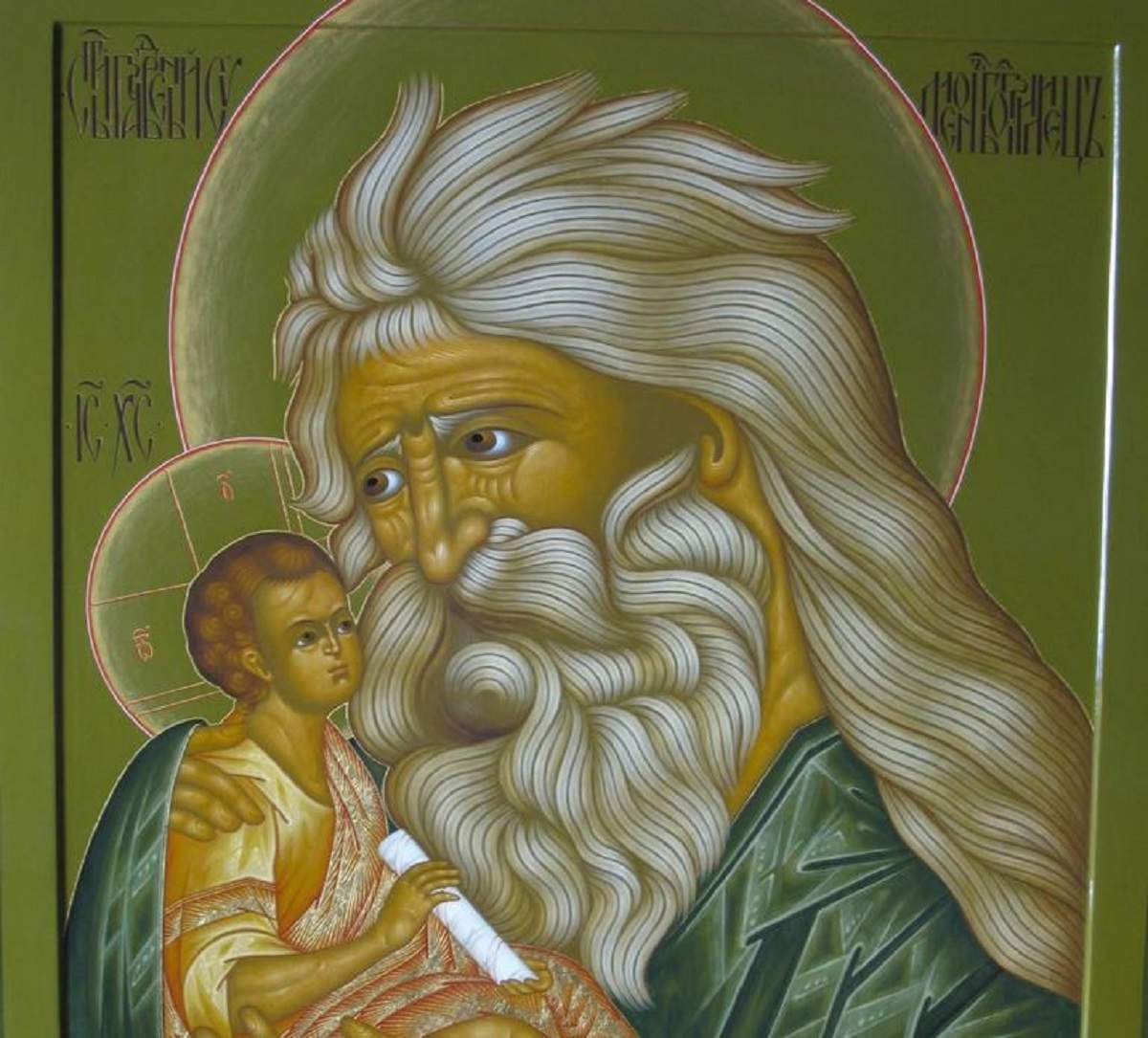 O icoană cu Sfântul Simeon. Acesta poartă veșminte verzi și ține Pruncul Sfânt în brațe.