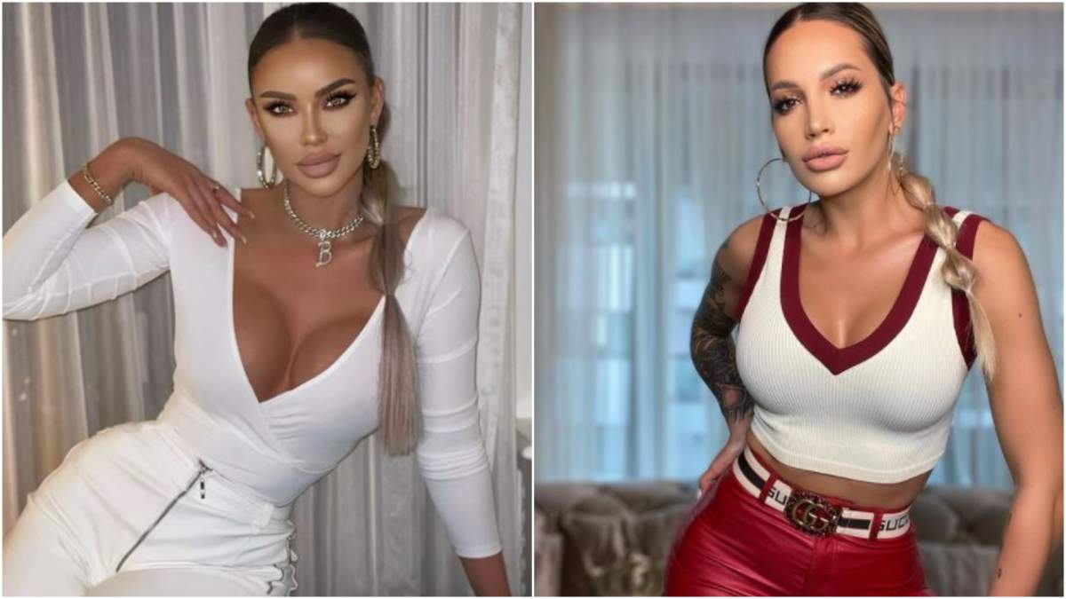 Colaj cu Bianca Drăgușanu îmbrăcată în alb și cu decolteu/ Iulia Sălăgean cu maieu alb și pantaloni roșii din latex.