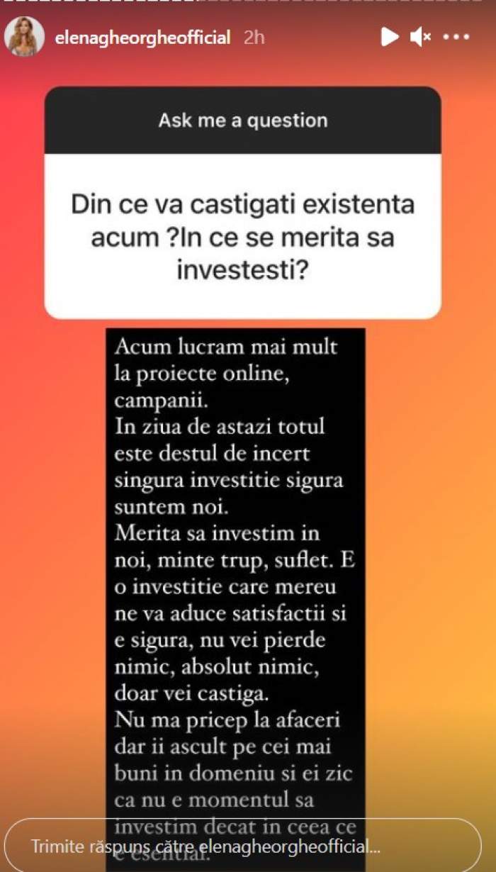 Din ce face bani în pandemie Elena Gheorghe. Artista știe să se adapteze: „Singura investiție sigură suntem noi”
