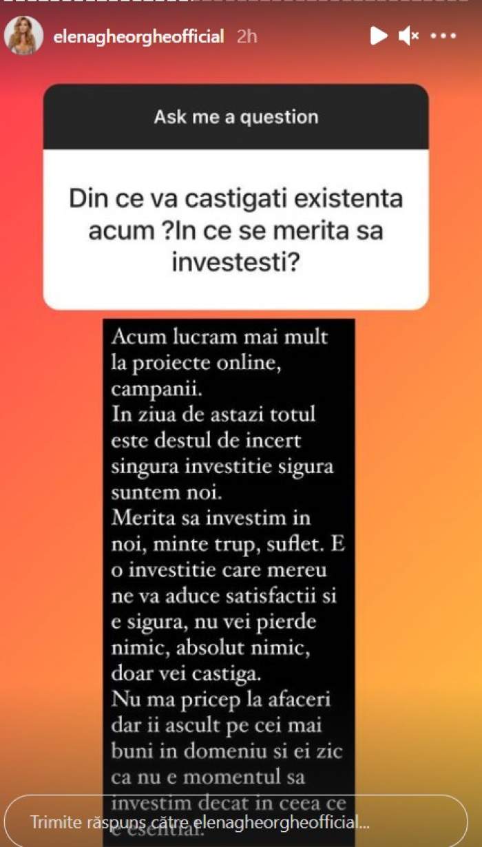 Din ce face bani în pandemie Elena Gheorghe. Artista știe să se adapteze: „Singura investiție sigură suntem noi”