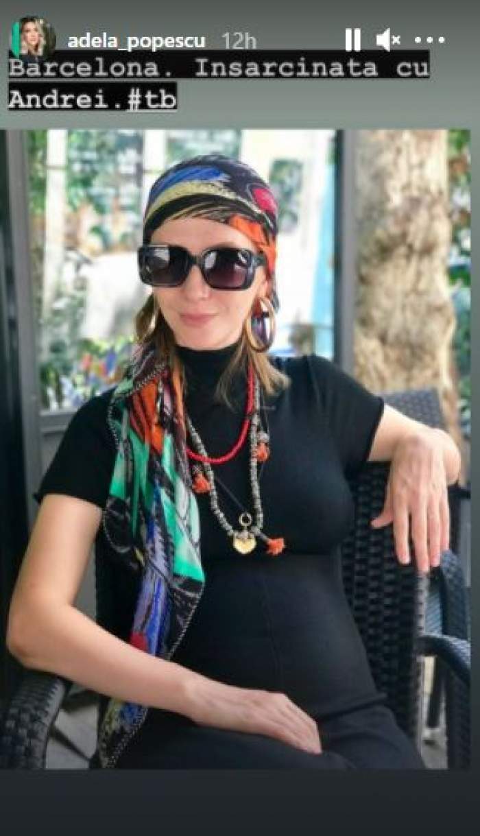 Adela Popescu în rochie neagră, cu prima sarcină.
