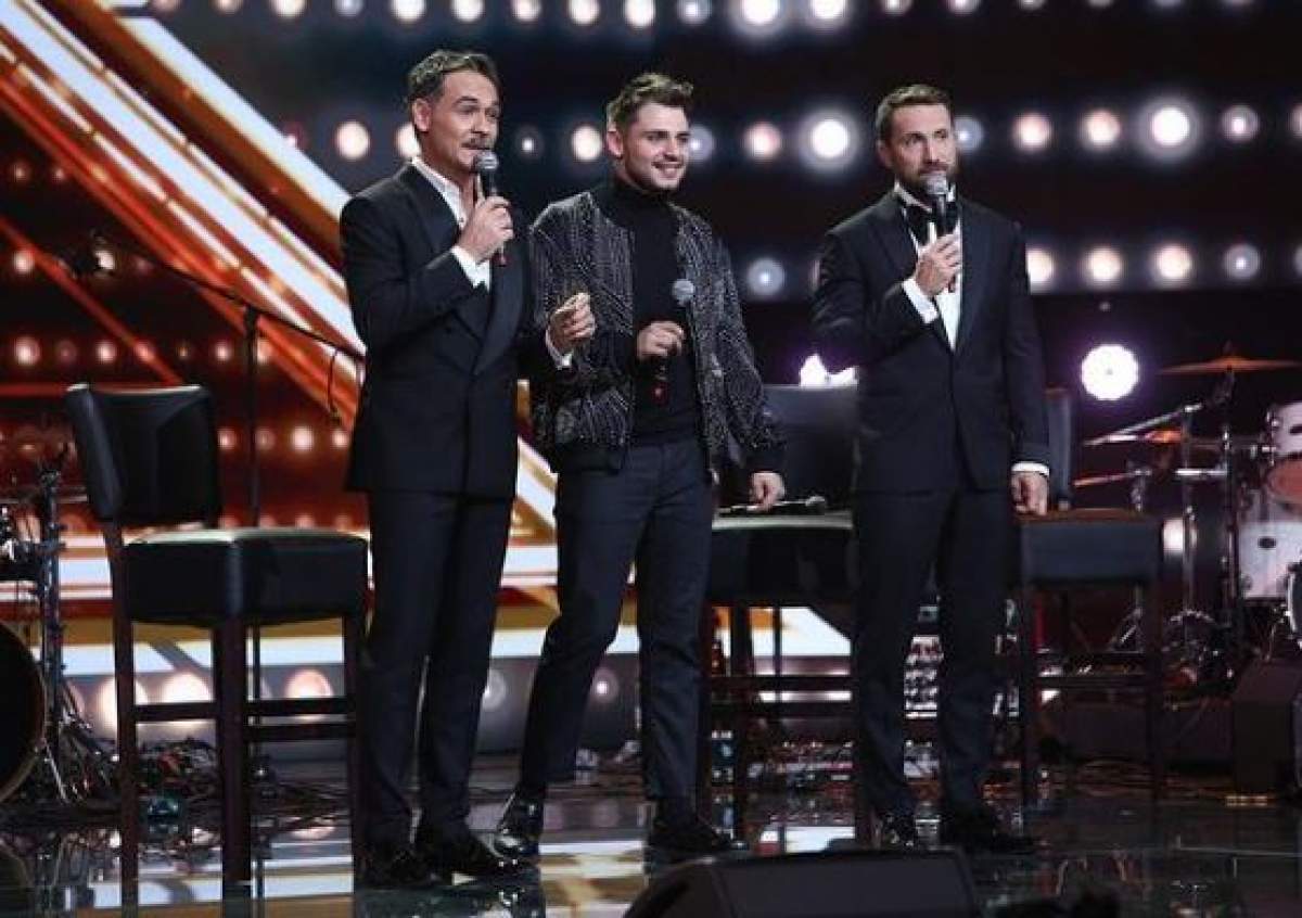 Adrian Petrache pe scena X Factor, alături de Răzvan Simion și Dani Oțil.