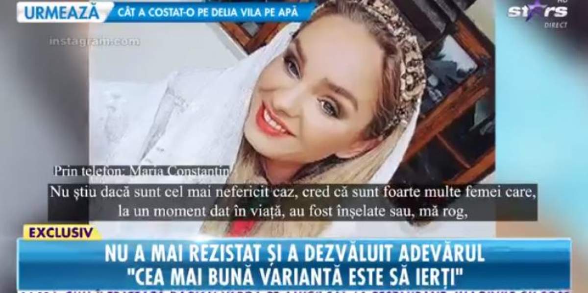 Maria Constantin, zâmbitoare, în ținută albă, oferă un interviu