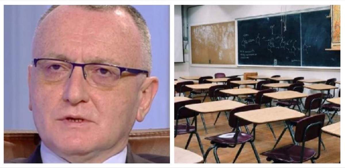 Un colaj cu Ministrul Educației și o fotografie simbol cu o sală de clasă.