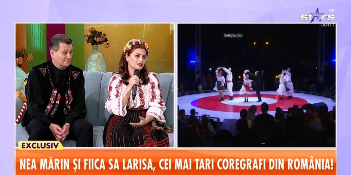 Nea Marin și fiica lui, Larisa, stau pe canapeaua bleu de la Star Matinal. Ea poartă o ie albă și o fustă neagră cu model roșu, iar el un costum negru popular, cu vestă colorată.