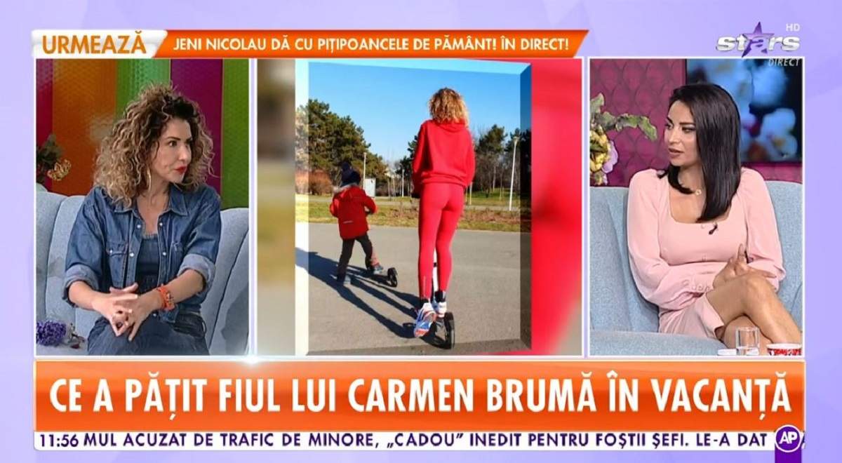 Carmen Brumă se află pe canapeaua bleu de la „Star Matinal”. Vedeta e îmbrăcată în denim din cap până în picioare, cu blugi, jachetă și top pe dedesubt.