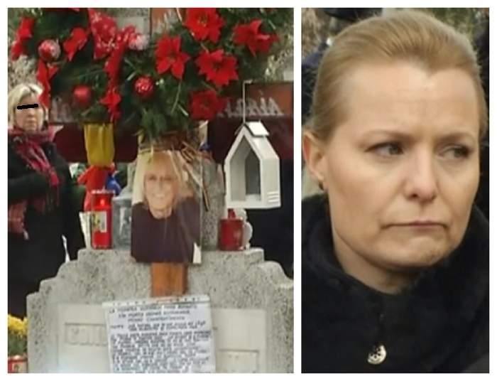 Un colaj Simona Secrier și mormântul lui Mihai Constantinescu. Soția artistului plânge și poartă o bluză neagră.