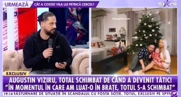 Colaj foto cu Augustin Viziru și familia lui, lângă bradul de Crăciun