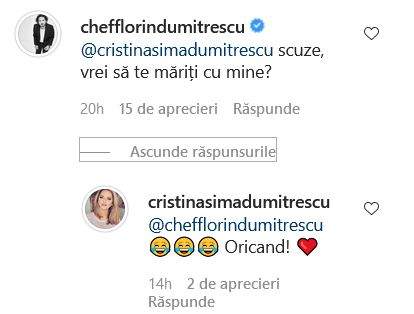 Florin Dumitrescu și-a cerut soția în căsătorie, din nou, pe Instagram. Bucătarul i-a comentat la o poză.