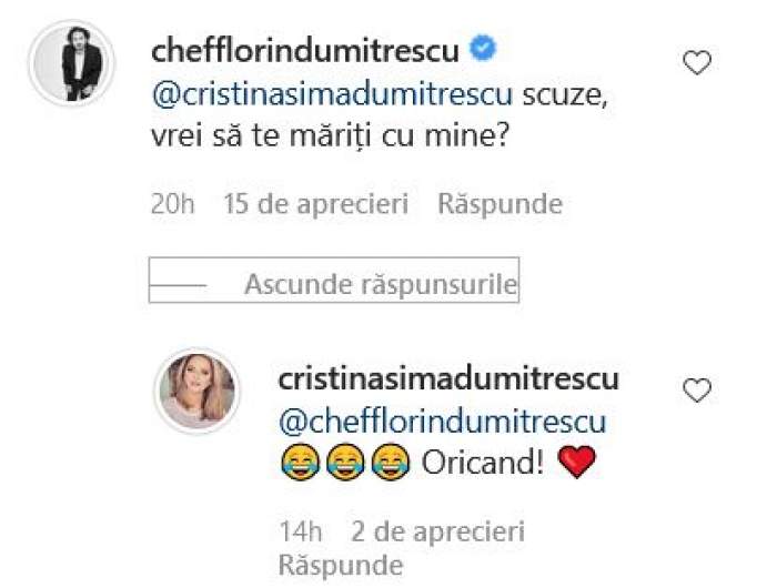Florin Dumitrescu și-a cerut soția în căsătorie, din nou, pe Instagram. Bucătarul i-a comentat la o poză.