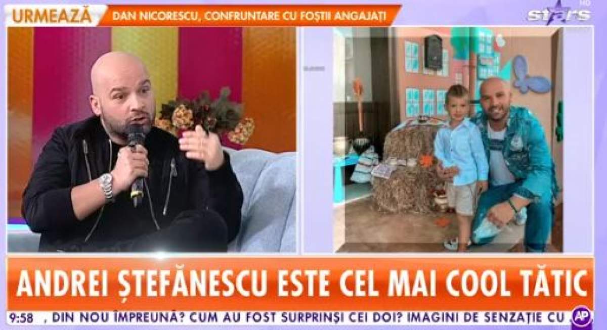 Colaj foto cu Andrei Ștefănescu la Antena Stars și fiul lui, pe care-l îmbrățișează în fața casei