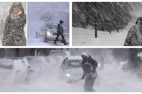 Coloj foto cu vreme rea, oameni mergând prin viscol și zăpadă