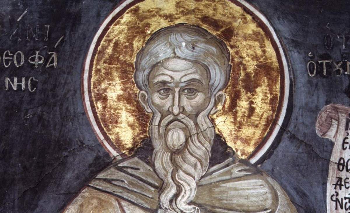 O icoană cu Sfântul Teofan Mărturisitorul. Acesta ține în mână un pergament și poartă veșminte gri.