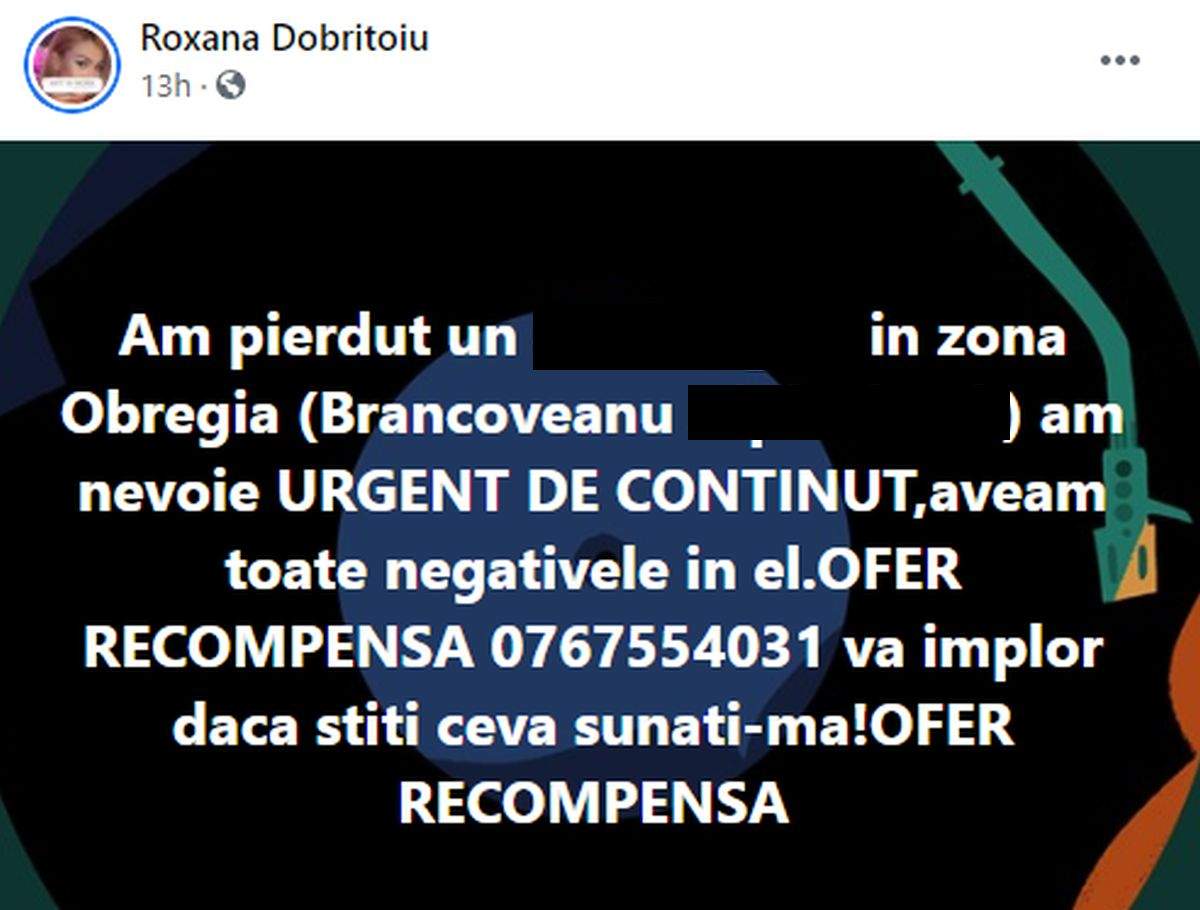 Roxana Dobrițoiu mesaj pe facebook pentru a-si gasi telefonul pierdut