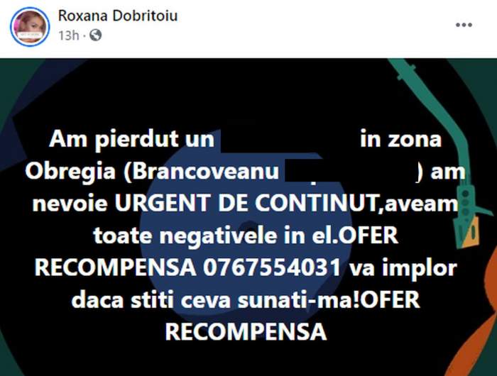 Roxana Dobrițoiu mesaj pe facebook pentru a-si gasi telefonul pierdut