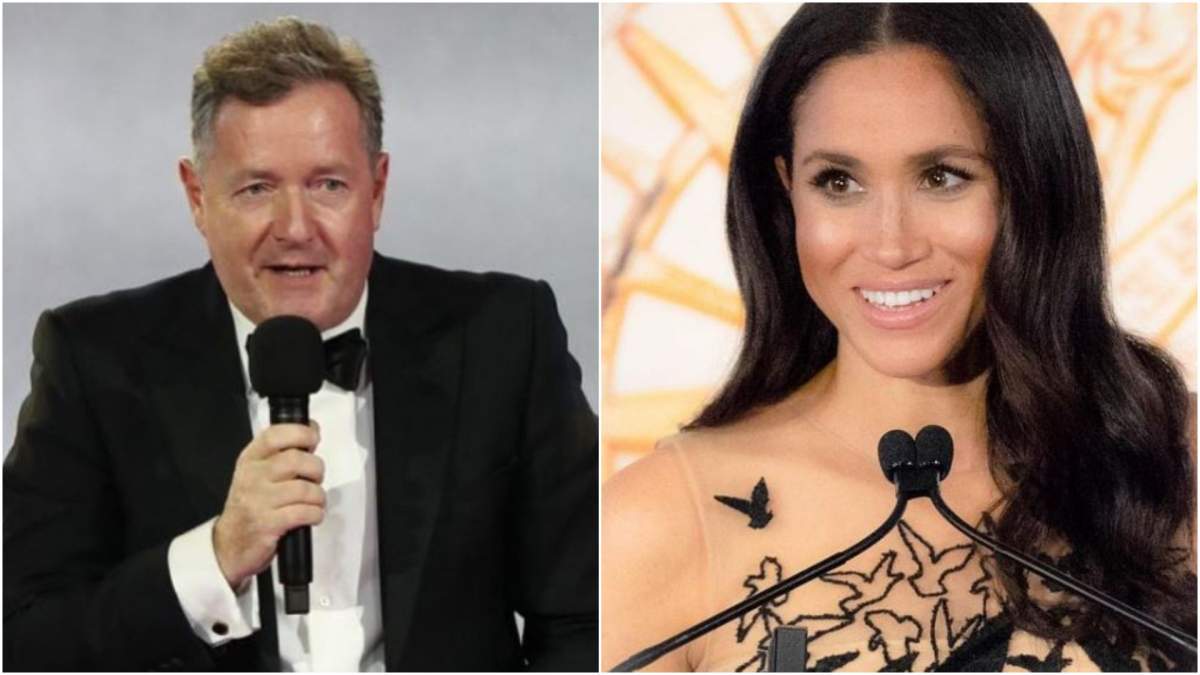 Colaj cu Piers Morgan și Meghan Markle în timp ce vorbesc la microfon.