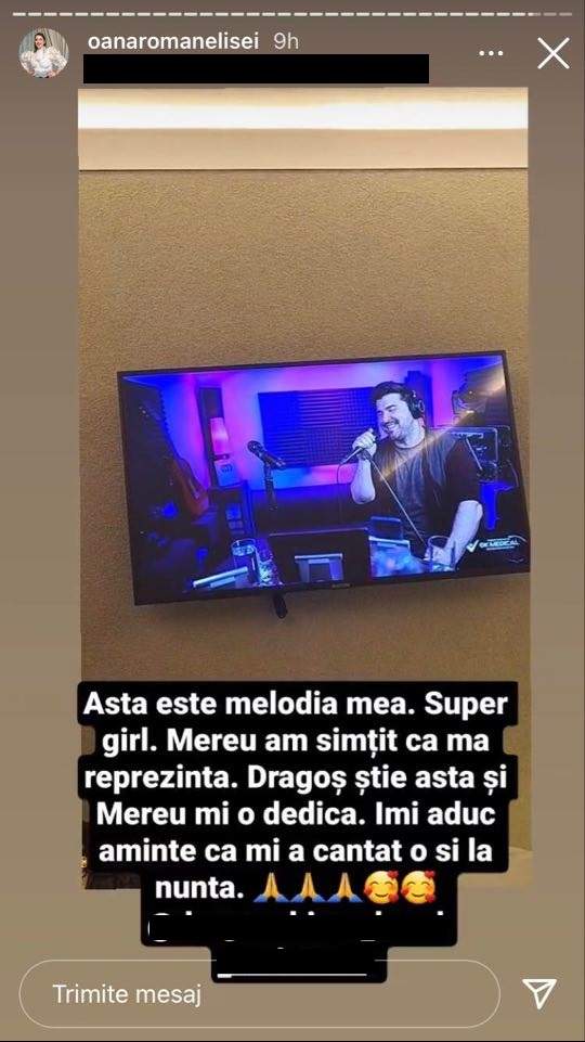 Oana Roman a fotografiat televizorul, vorbindu-le fanilor de pe Instagram despre melodia ei preferată ce i-a fost cântată și la nunta cu Marius Elisei.