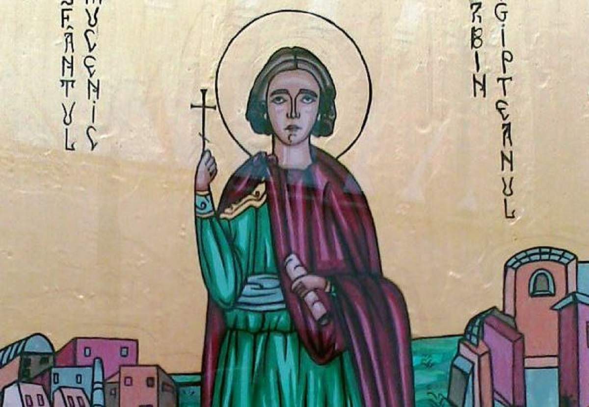 O icoană cu Sfântul Sabin egipteanul. Acesta poartă veșminte verzi și roșii și ține în mână o cruce.