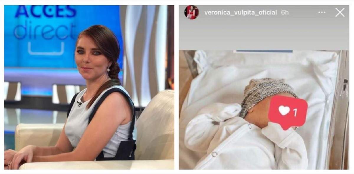 Un colaj cu Veronica Stegaru și bebelușul postat de ea. Vulpița se află la Acces Direct, stă pe fotoliu și poartă o rochie albă cu model negru.