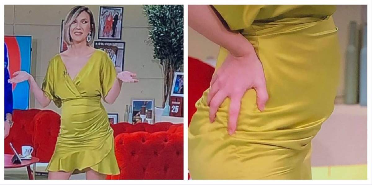 Colaj cu Adela Popescu. Vedeta poartă o rochie galbenă și se află într-un platou de televiziune.