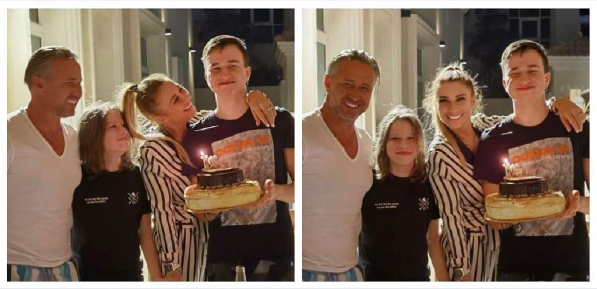 Un colaj cu Anamaria Prodan, soțul ei, fiul lor cel mic și băiatul cel mare al lui Laurențiu Reghecampf. Luca poartă un tricou negru și ține un tort aniversar în mână.